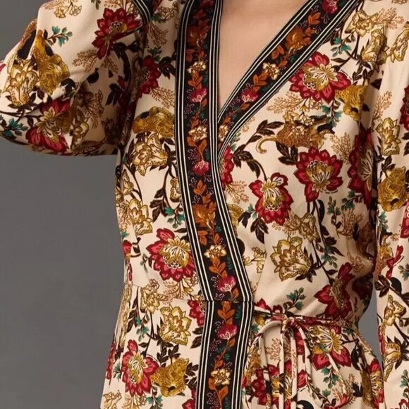 Farm Rio Wrap Style Leopard Fall Floral Mini Dress S XS - Picture 3 of 5